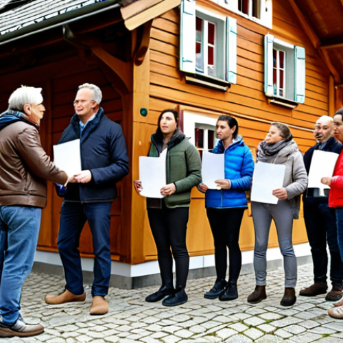 Home 6 **
A diverse group of people are participating in a direct democracy vote. They stand in front of a traditional Swiss chalet with ballot boxes nearby. Some are discussing issues while holding informational pamphlets. The scene conveys a sense of civic engagement and responsibility, reflecting the importance of direct democracy in Swiss society.
**