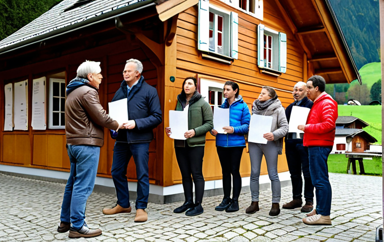 **
A diverse group of people are participating in a direct democracy vote. They stand in front of a traditional Swiss chalet with ballot boxes nearby. Some are discussing issues while holding informational pamphlets. The scene conveys a sense of civic engagement and responsibility, reflecting the importance of direct democracy in Swiss society.
**