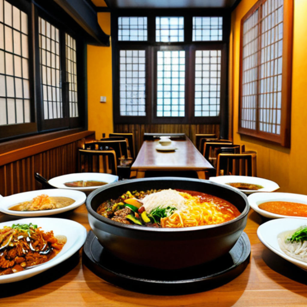 An inviting scene inside an authentic Korean restaurant in a cozy, charming alleyway in Switzerland. A table is laden with a steaming hot Dolsot Bibimbap and a bubbling Kimchi Jjigae, surrounded by an array of colorful, freshly prepared Banchan, including homemade kimchi. Traditional metal chopsticks and spoons are neatly arranged. The atmosphere is warm, softly lit, and welcoming, with a hint of other diners in the background, all fully clothed and in appropriate attire. professional photography, high quality, hyperrealistic, detailed, perfect anatomy, correct proportions, natural pose, well-formed hands, proper finger count, natural body proportions, safe for work, appropriate content, modest, family-friendly.