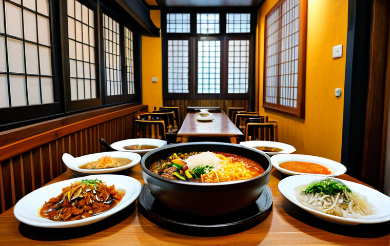 An inviting scene inside an authentic Korean restaurant in a cozy, charming alleyway in Switzerland. A table is laden with a steaming hot Dolsot Bibimbap and a bubbling Kimchi Jjigae, surrounded by an array of colorful, freshly prepared Banchan, including homemade kimchi. Traditional metal chopsticks and spoons are neatly arranged. The atmosphere is warm, softly lit, and welcoming, with a hint of other diners in the background, all fully clothed and in appropriate attire. professional photography, high quality, hyperrealistic, detailed, perfect anatomy, correct proportions, natural pose, well-formed hands, proper finger count, natural body proportions, safe for work, appropriate content, modest, family-friendly.