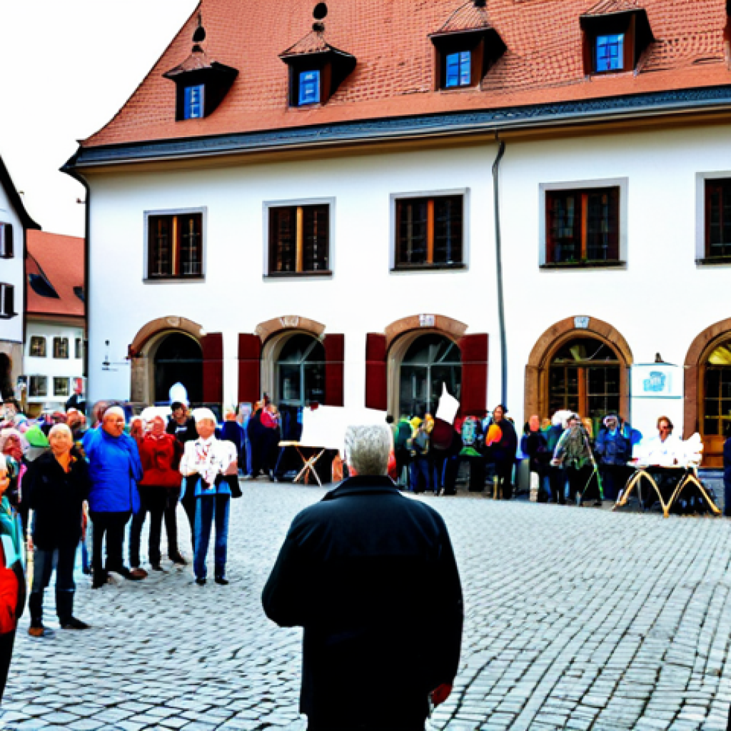 **

"A bustling town square in a German village. Citizens are gathered, some holding signs related to a local *Volksinitiative* (citizens' initiative) about renewable energy. Others are in small groups discussing the issue. In the background, the Rathaus (town hall) is visible. The scene is brightly lit, conveying a sense of active civic participation. fully clothed, appropriate attire, safe for work, perfect anatomy, natural proportions, professional photography, high quality, family-friendly."

**