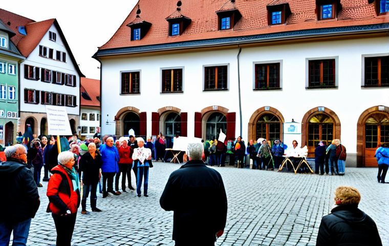 **
"A bustling town square in a German village. Citizens are gathered, some holding signs related to a local *Volksinitiative* (citizens' initiative) about renewable energy. Others are in small groups discussing the issue. In the background, the Rathaus (town hall) is visible. The scene is brightly lit, conveying a sense of active civic participation. fully clothed, appropriate attire, safe for work, perfect anatomy, natural proportions, professional photography, high quality, family-friendly."
**