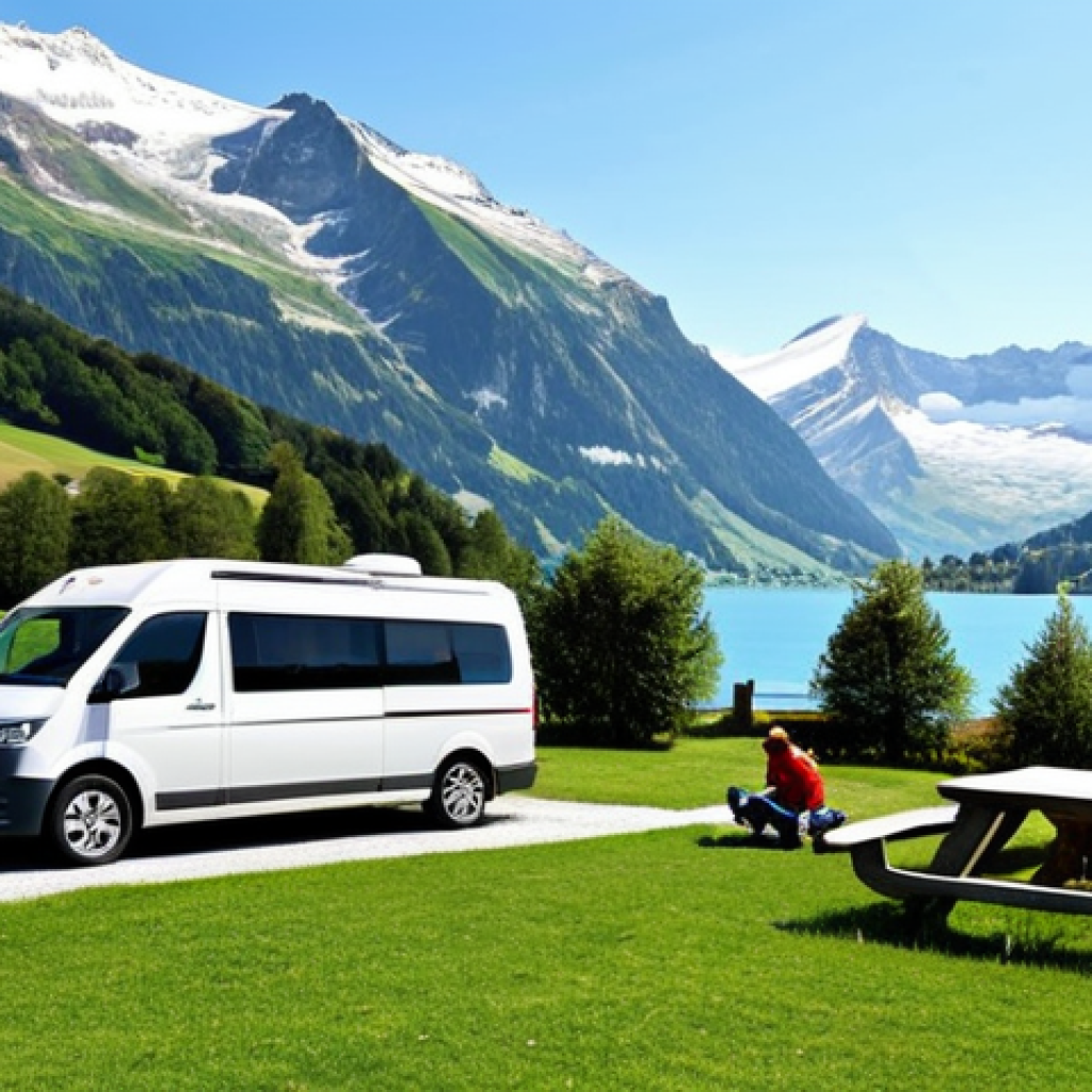 Scenic Swiss Camping**

"A family-friendly campsite nestled in the Swiss Alps, surrounded by snow-capped mountains and a crystal-clear lake. A modern campervan is parked on a grassy pitch. The scene is bathed in warm sunlight. Fully clothed adults and children are enjoying outdoor activities like hiking and playing games. Appropriate attire, safe for work, perfect anatomy, natural proportions, high-quality photo, professional."

**