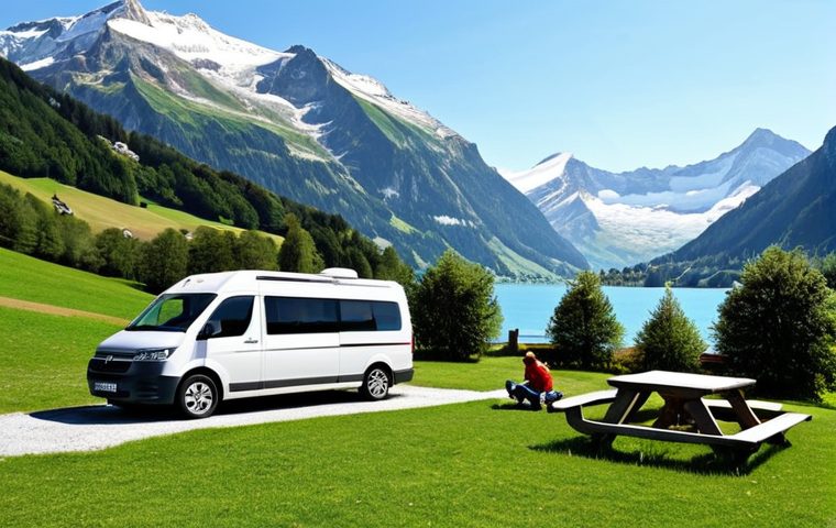 Scenic Swiss Camping**

"A family-friendly campsite nestled in the Swiss Alps, surrounded by snow-capped mountains and a crystal-clear lake. A modern campervan is parked on a grassy pitch. The scene is bathed in warm sunlight. Fully clothed adults and children are enjoying outdoor activities like hiking and playing games. Appropriate attire, safe for work, perfect anatomy, natural proportions, high-quality photo, professional."

**