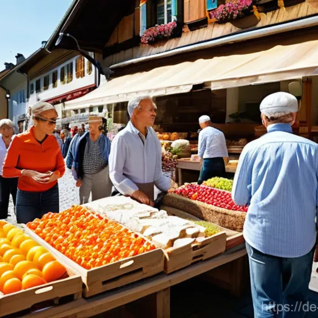 스위스 쇼핑 핫스팟 - **Vibrant Swiss Weekly Market in Emmental:** A bustling outdoor weekly market in a picturesque Swiss...