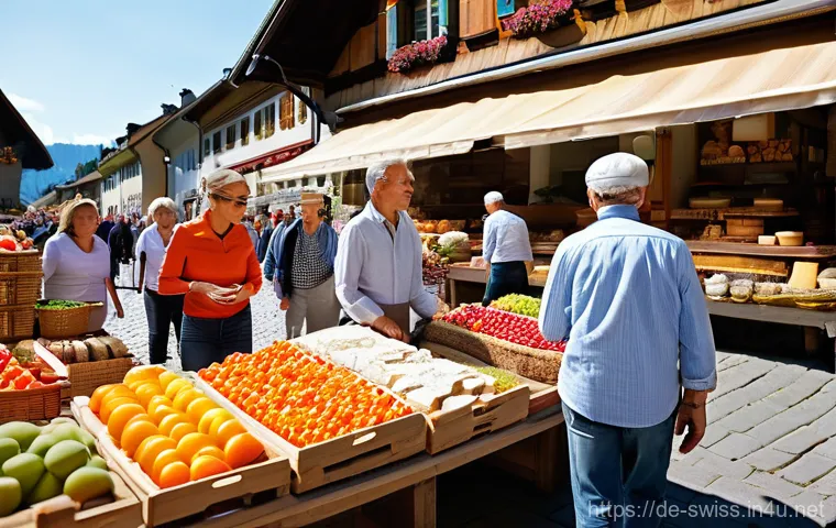 스위스 쇼핑 핫스팟 - **Vibrant Swiss Weekly Market in Emmental:** A bustling outdoor weekly market in a picturesque Swiss...