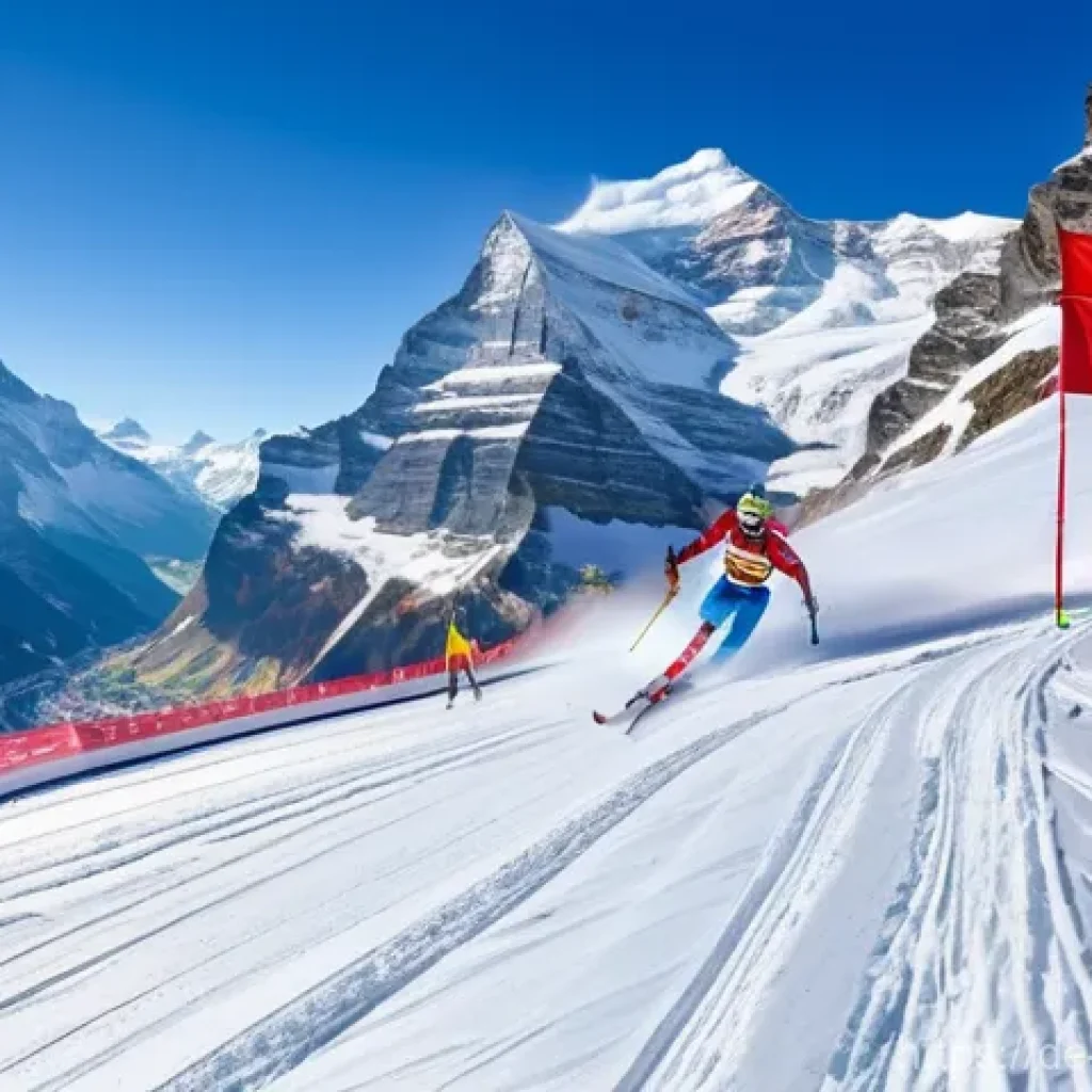 스위스에서 세계적인 스포츠 이벤트 - **A Vibrant Alpine Ski Race Festival:**
    A dynamic and breathtaking wide shot of the Lauberhorn s...