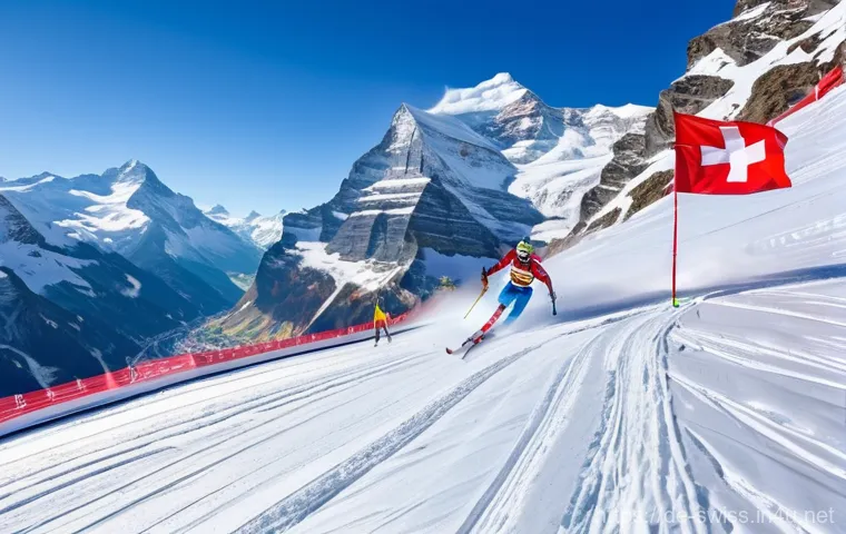 스위스에서 세계적인 스포츠 이벤트 - **A Vibrant Alpine Ski Race Festival:**
A dynamic and breathtaking wide shot of the Lauberhorn s...