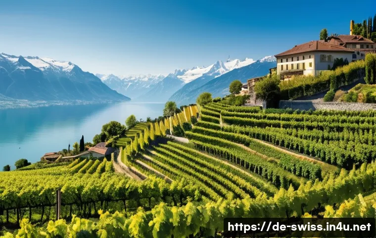 스위스 와인과 포도 품종 - A breathtaking panoramic view of the Lavaux terraced vineyards in Switzerland, designated as a UNESC...