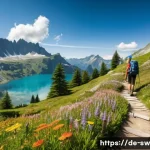 스위스 알프스 하이킹 코스 추천 - A serene mountain hiking trail in the Swiss Alps during summer, featuring a narrow path winding thro...