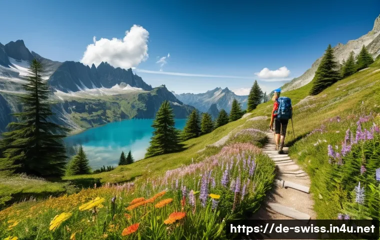 스위스 알프스 하이킹 코스 추천 - A serene mountain hiking trail in the Swiss Alps during summer, featuring a narrow path winding thro...