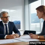 스위스에서 법률 문제 발생 시 해결법 - A professional Swiss legal consultation scene inside a modern office, showing a diverse middle-aged ...