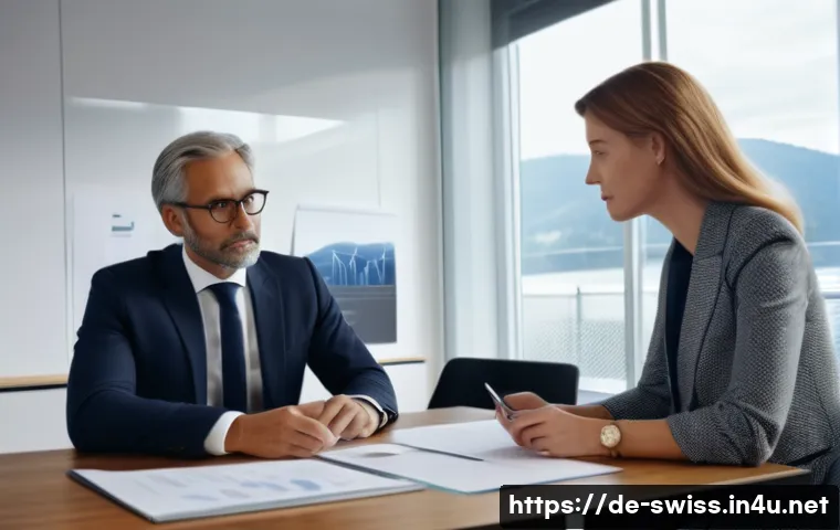 스위스에서 법률 문제 발생 시 해결법 - A professional Swiss legal consultation scene inside a modern office, showing a diverse middle-aged ...