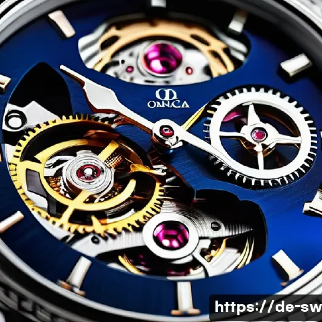 스위스 오메가 vs 롤렉스 비교 - A close-up, highly detailed image of a luxury wristwatch movement under a transparent case back, sho...