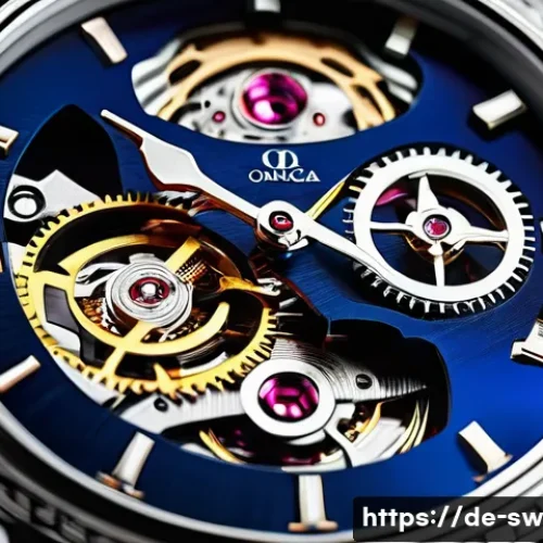 스위스 오메가 vs 롤렉스 비교 - A close-up, highly detailed image of a luxury wristwatch movement under a transparent case back, sho...