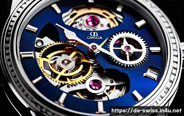 스위스 오메가 vs 롤렉스 비교 - A close-up, highly detailed image of a luxury wristwatch movement under a transparent case back, sho...