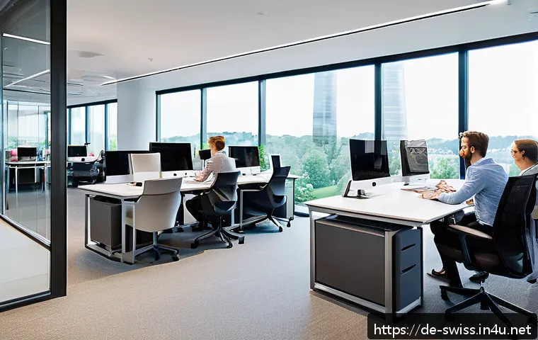 스위스 다국적 기업 성장 배경 - A modern Swiss corporate office interior showcasing an innovative company culture: diverse professio...