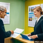 스위스 비자 신청 및 입국 절차 - A professional setting at a Swiss embassy visa application center: a well-dressed adult applicant pr...