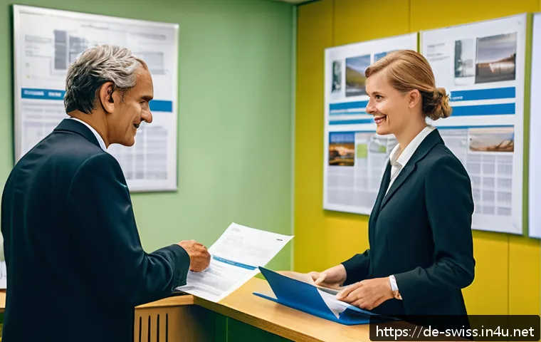 스위스 비자 신청 및 입국 절차 - A professional setting at a Swiss embassy visa application center: a well-dressed adult applicant pr...