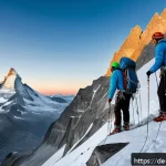 마터호른 등산 정보 - A detailed alpine mountain scene showing a group of experienced climbers preparing for a Matterhorn ...