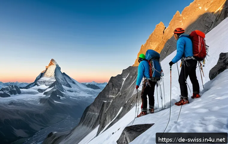 마터호른 등산 정보 - A detailed alpine mountain scene showing a group of experienced climbers preparing for a Matterhorn ...