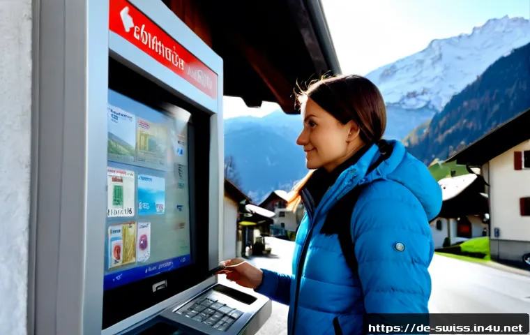 스위스 ATM 및 환전 정보 - Photorealistic travel finance scene in Switzerland, a modern bank ATM beside a clean alpine village ...