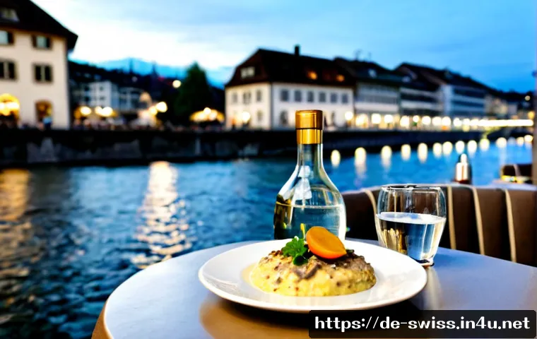 Home 17 취리히 맛집 및 카페 추천 - Photorealistic Zurich old town restaurant terrace beside the Limmat River, inviting table set with Z...